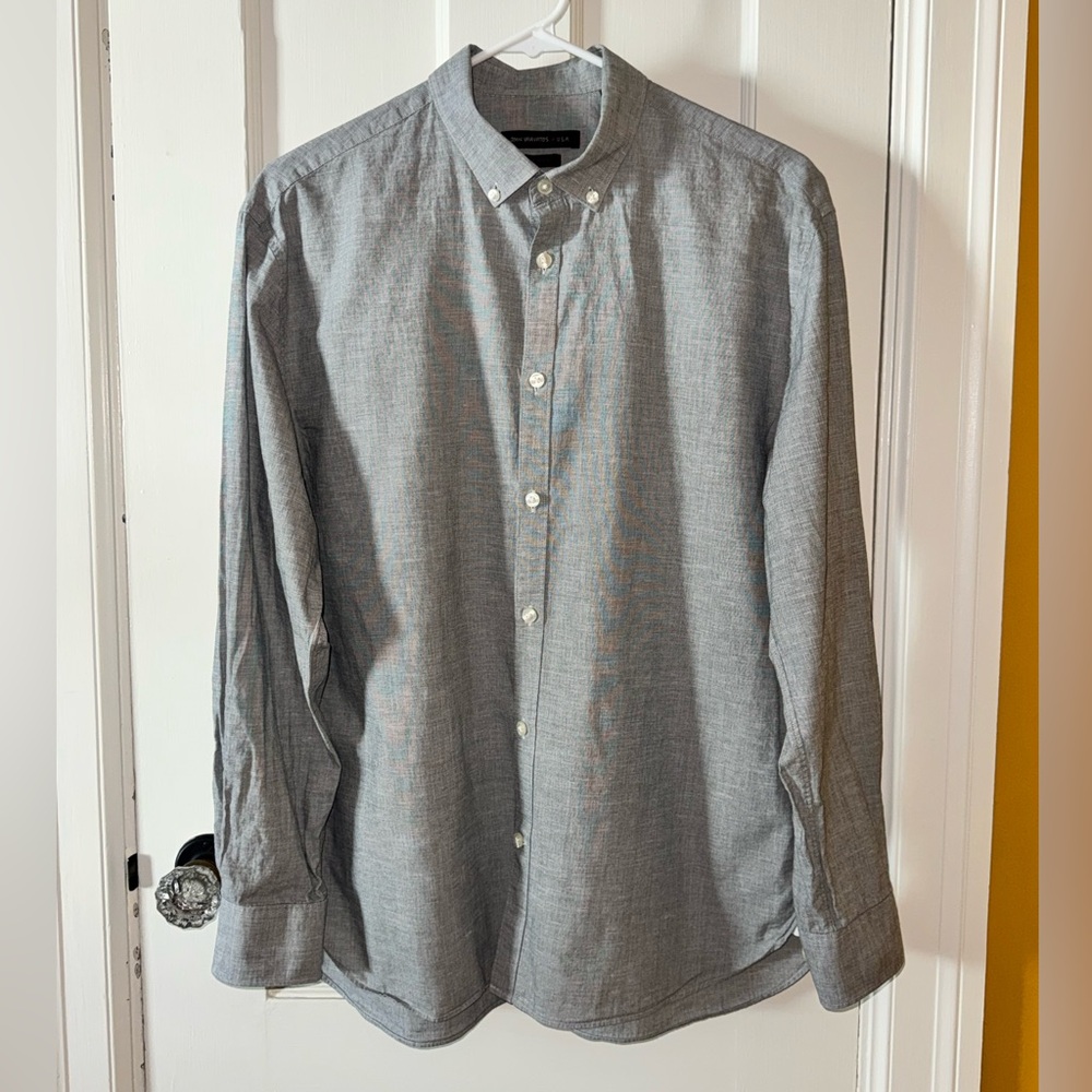 John Varvatos Charcoal Linen Button-Down Dress Shirt Slim Fit 16 32/33